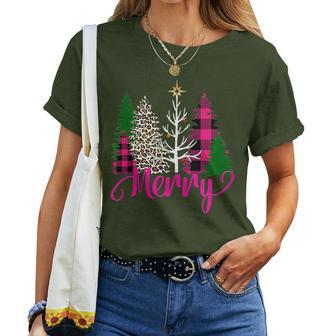 Pink Buffalo Plaid Christmas Tree Leopard Merry Christmas Women T-shirt - Monsterry CA