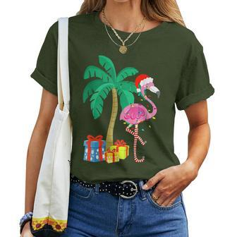Pink Flamingo Christmas Palm Tree Tropical Xmas Women T-shirt | Seseable CA