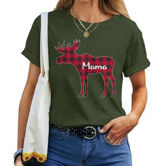 Red Plaid Mama Moose Xmas Matching Buffalo Family Pajama Women T-shirt - Monsterry