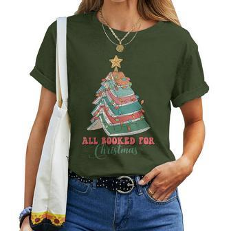 Retro All Booked For Christmas Book Lover Cute Teacher Xmas Women T-shirt - Seseable