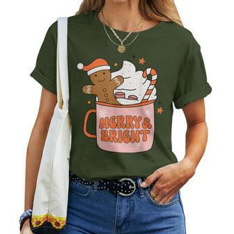 Retro Groovy Merry & Bright Gingerbread Christmas Cute Santa Women T-shirt - Monsterry