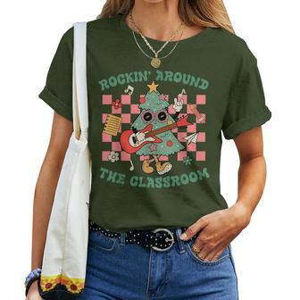 Retro Groovy Teacher Christmas Rockin' Around The Classroom Women T-shirt - Seseable