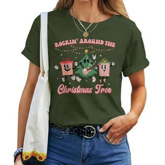Rockin' Around The Christmas Tree Groovy Retro Women T-shirt - Seseable