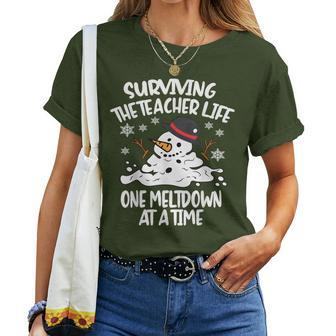 Surviving The Teacher Life One Meltdown At A Time Christmas Women T-shirt - Seseable