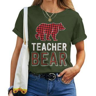 Teacher Bear Red Buffalo Plaid Matching Teacher Christmas Women T-shirt - Monsterry