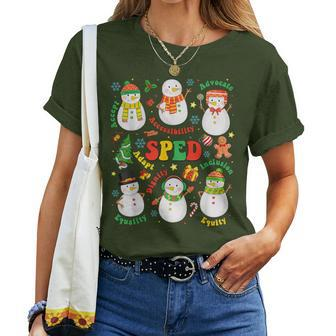 Teacher Special Education Sped Merry Christmas Cute Snowman Women T-shirt | Mazezy