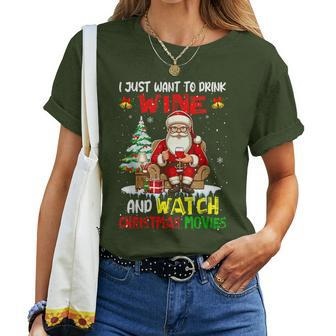 Vintage Drink Wine And Watch Xmas Movies Santa Drinker Women T-shirt - Monsterry