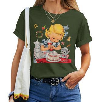 Vintage Pin Up Little Girl Cat Kitten Christmas Baking Crew Women T-shirt - Monsterry