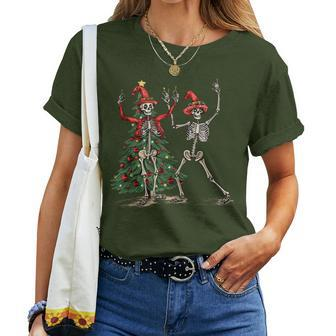 Xmas Tree Christmas Lights Christmas Skeleton Dancing Womens Women T-shirt | Mazezy