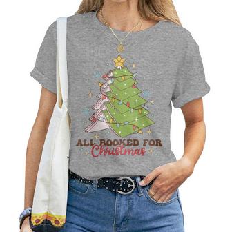 All Booked For Christmas Groovy Christmas Book Tree Squad Women T-shirt - Thegiftio UK