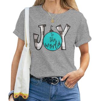 Joy To The World Black White Teal Buffalo Plaid Christmas Women T-shirt - Monsterry UK