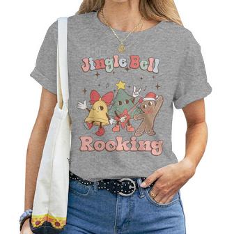 Retro Groovy Jingle Rock Bell Merry Christmas Hippie Outfit Women T-shirt | Mazezy