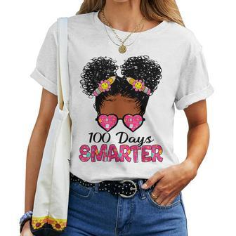 100 Days Smarter Black Girl Messy Bun 100Th Day Of School Women T-shirt - Seseable