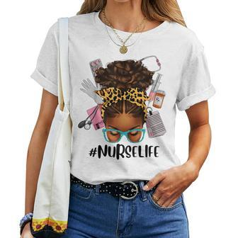 Afro Nurse Life Messy Bun Leopard Black Nurse Women T-shirt | Mazezy DE