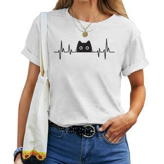 Black Cute Cat Heartbeat Girls Kawaii Cats Lover Women T-shirt - Monsterry