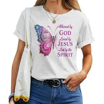 Blessed By God Loved By Jesus Pink Butterfly Christian Women T-shirt - Monsterry CA