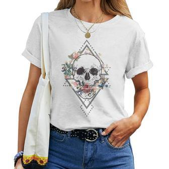 Boho Human Skull Spiritual Hippie Floral Gypsy Skeleton Women T-shirt - Monsterry DE