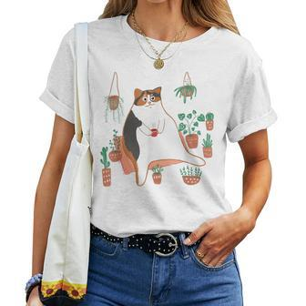 Calico Cat With Pot Plants Cat Lover For Mom Women Women T-shirt - Monsterry DE