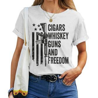 Cigars Whiskey Guns & Freedom Camo Gun Drinking- On Back Women T-shirt - Monsterry