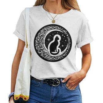 Drawing Cat Sitting On Crescent Moon Flowers Stars Women Women T-shirt - Monsterry DE