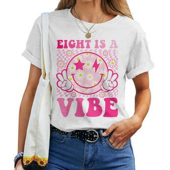 Eight Is A Vibe 8Th Birthday Groovy 8 Years Old Smile Face Women T-shirt - Seseable