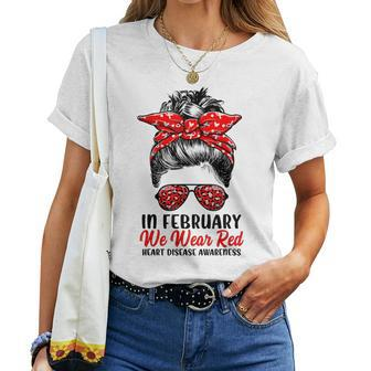 In February We Wear Red Messy Bun Heart Disease Awareness Women T-shirt - Thegiftio UK