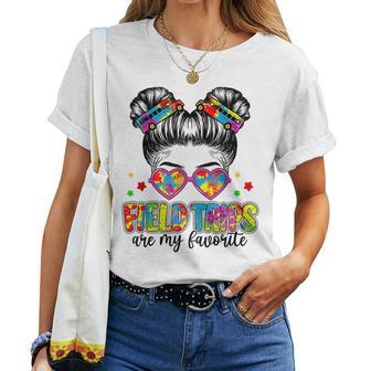 Field Trips Are My Favorite Field Day School Messy Bun Girl Women T-shirt - Seseable