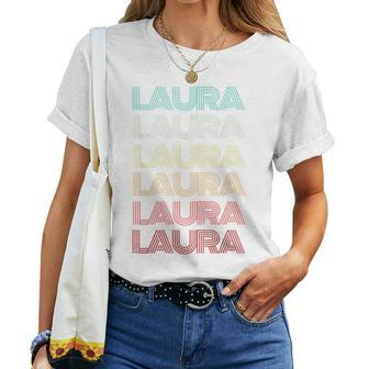 First Name Laura German Girl Purple Retro Nametag 80S Family Women T-shirt - Seseable