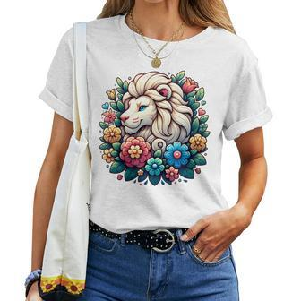 Floral Lion Head With Vintage Flowers Cartoon Animal Lover Women T-shirt - Monsterry