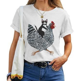 Cat Riding Chicken Tuxedo Cat On A Chicken Lover Women T-shirt - Seseable