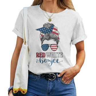 Red White & Boujee 4Th Of July Messy Bun American Flag Women T-shirt - Monsterry UK