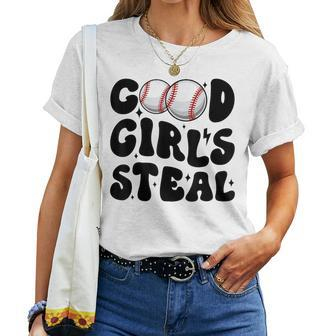 Good Girls Steal Groovy Retro Baseball Woman Girl Softball Women T-shirt | Mazezy