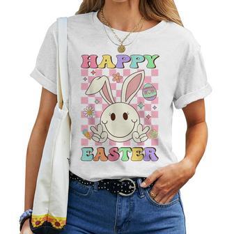 Happy Easter For Girls Groovy Hippie Face Bunny Women T-shirt - Monsterry