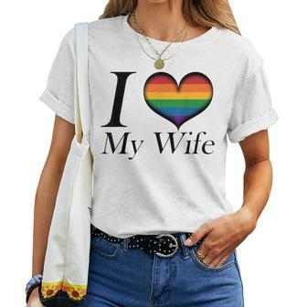 I Heart My Wife Lesbian Pride Typography With Rainbow Heart Women T-shirt - Monsterry CA