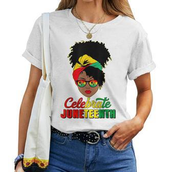 Junenth Black Messy Bun Celebrate 1865 Emancipation Women T-shirt - Monsterry CA