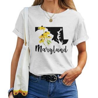 Maryland Floral Black-Eyed-Susan Handwritten State Inspired Women T-shirt - Monsterry