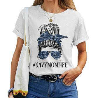 Messy Bun Life Of A Proud Mom Navy Mother's Day Military Mom Women T-shirt - Monsterry UK