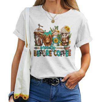 Moody Before Coffee Western Longhaired Cow Highland Cow Women T-shirt - Monsterry