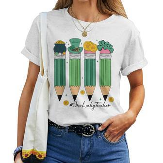 One Lucky Teacher Retro Pencils St Patrick's Day Shamrocks Women T-shirt - Seseable