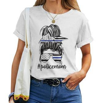 Police Mom Messy Bun Police Officer Mom Mother Blue Line Women T-shirt - Monsterry CA