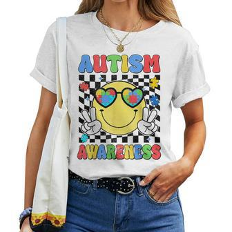 Retro Groovy Autism Awareness Hippie Smile Face Boy Girl Kid Women T-shirt | Mazezy