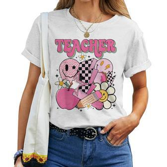 Retro Groovy Hippie Smile Face Teacher Back To School Women T-shirt - Seseable