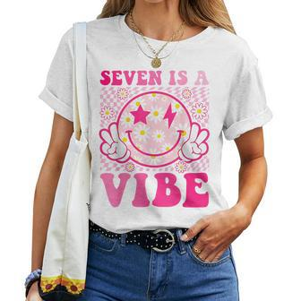 Seven Is A Vibe 7Th Birthday Groovy 7 Years Old Smile Face Women T-shirt - Seseable