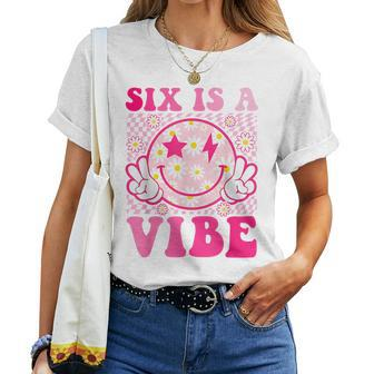 Six Is A Vibe 6Th Birthday Groovy 6 Year Old Pink Smile Face Women T-shirt - Seseable