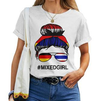 Thailand Deutschland Flagge Thai Deutsch Messy Bun T-shirt Frauen - Seseable