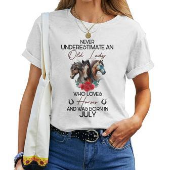 Never Underestimate An Old Lady Who Loves Horses July Women T-shirt | Mazezy