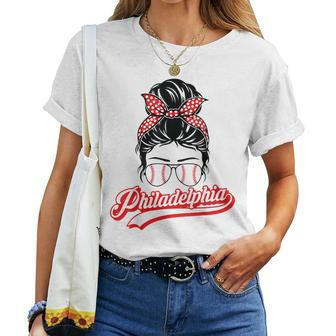 Vintage Philly Baseball Leopard Messy Bun Philadelphia Fans Women T-shirt - Monsterry DE