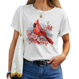 Watercolor Red Cardinal Floral Birdwatching Vintage Birding Women T-shirt - Monsterry AU
