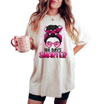 100 Days Smarter Girls Messy Bun Hair 100 Days Of School Women's Oversized Comfort T-shirt | Mazezy