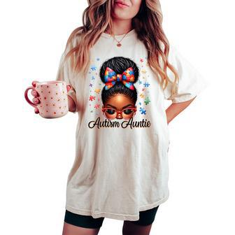 Autie Aunt Life Afro Black Autism Awareness Messy Bun Women's Oversized Comfort T-shirt | Mazezy DE